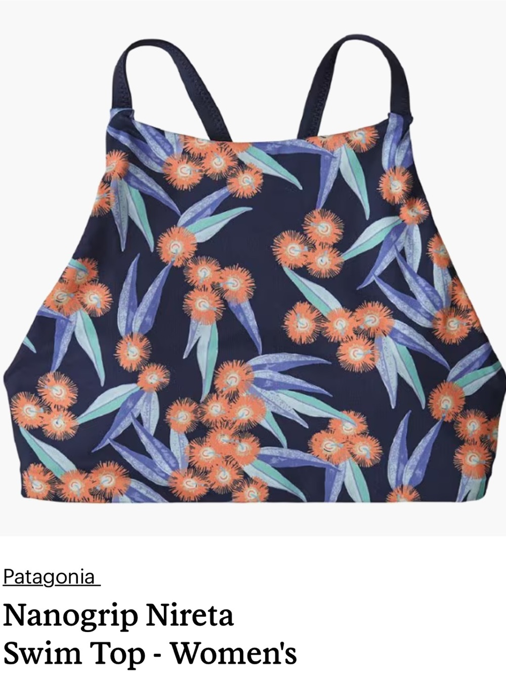 Patagonia swim top in black with orange and blue botanical print